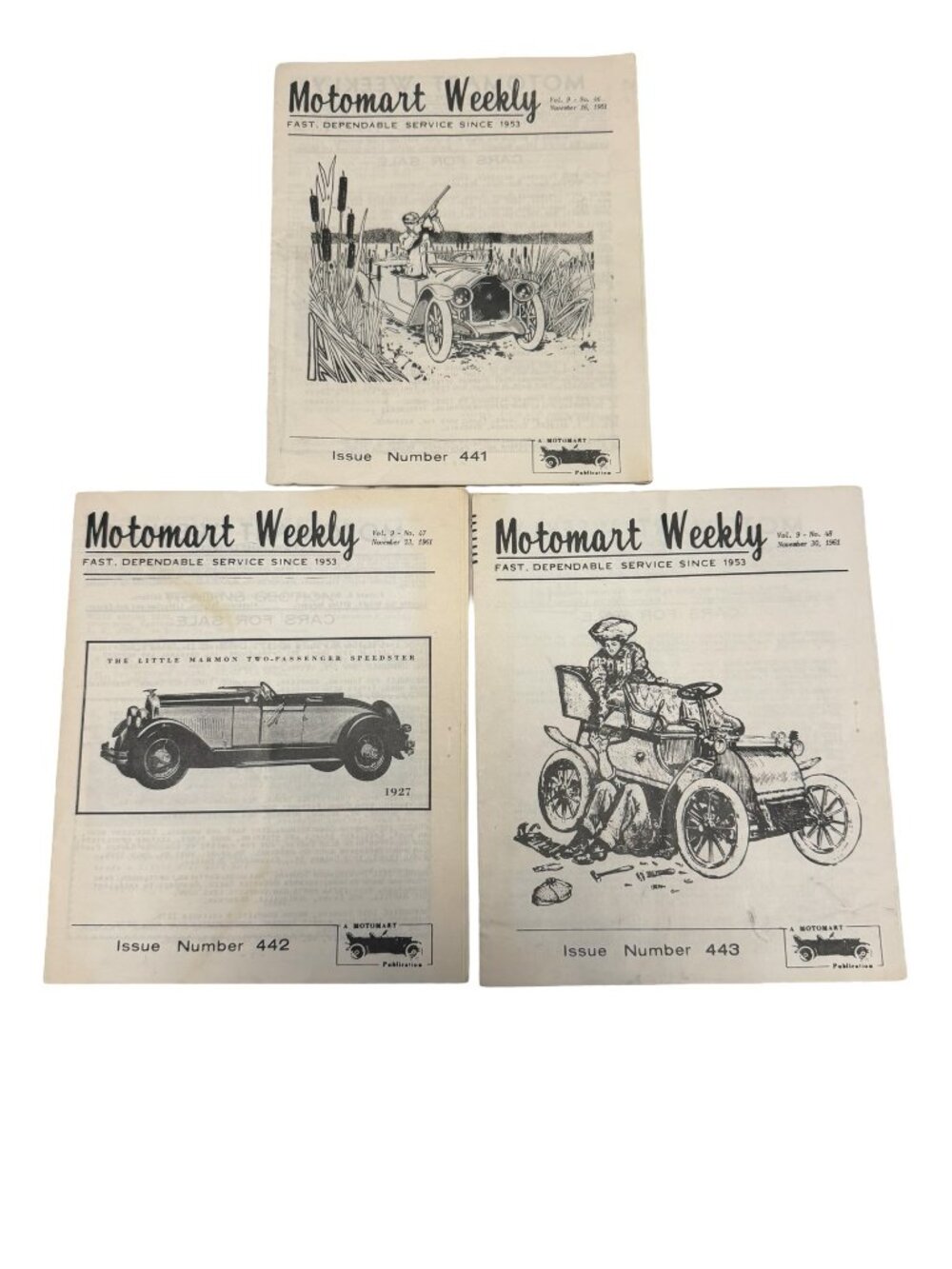 Motomart Weekly Issues #441-443 November 1961 Vintage Automotive Newsletter Set